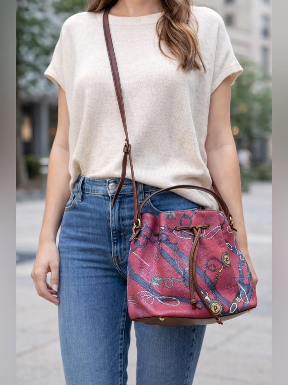 Talbots Pink Equestrian Print Drawstring Bucket Bag Crossbody Satchel Purse